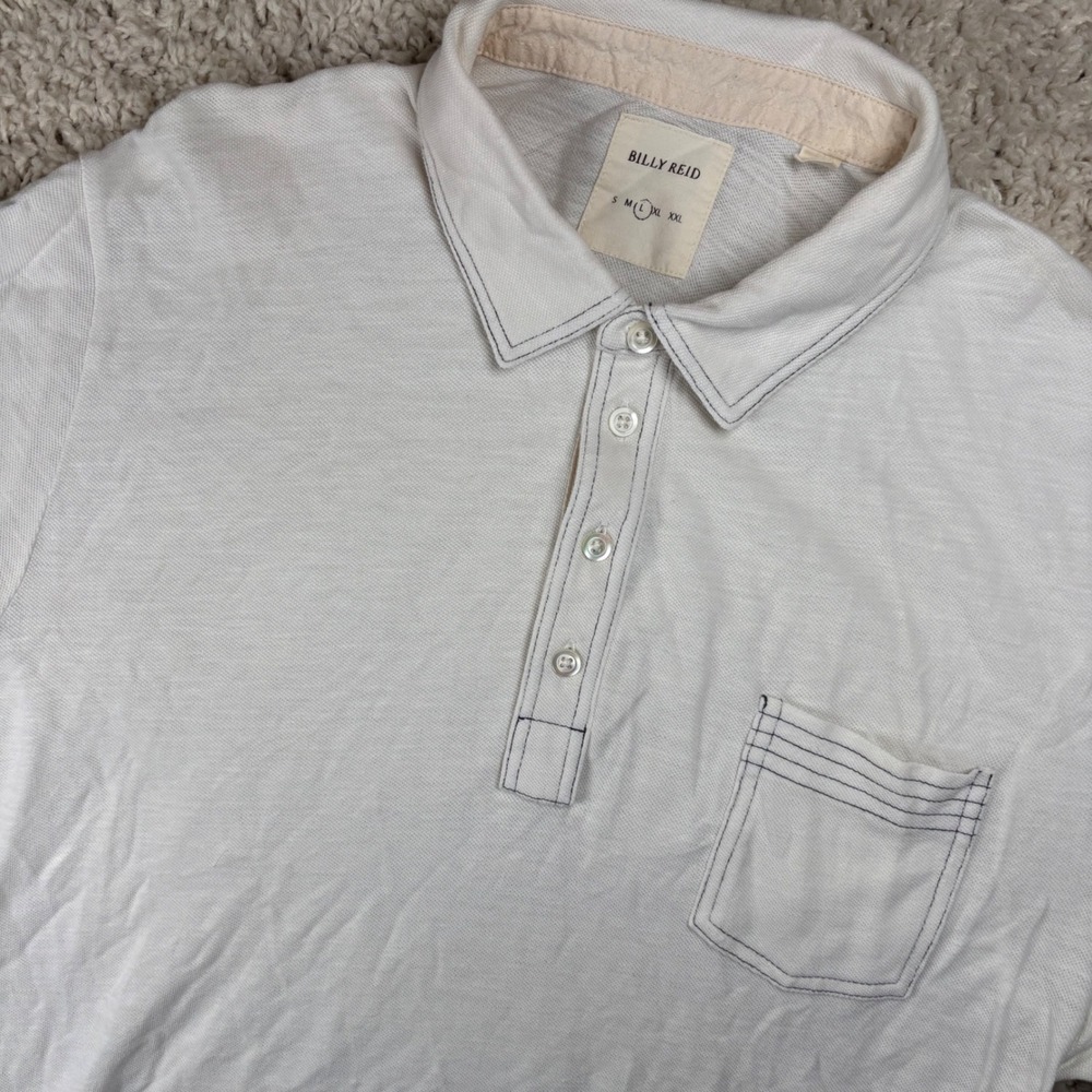 Billy Reid Men Polo Shirt Large White Contrast Stitch Pique Pocket Summer Preppy